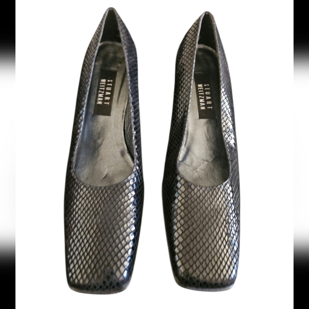Stuart Weitzman Women's Black Python Embossed Leather Square Toe Pumps Size 8.5